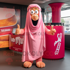 Pink Currywurst mascot costume character dressed with a T-Shirt and Shawls