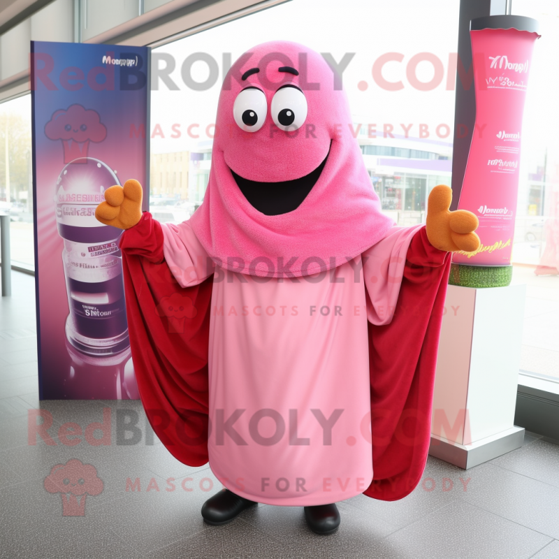 Pink Currywurst mascot costume character dressed with a T-Shirt and Shawls