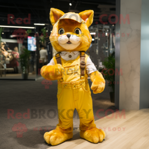 Gold Cat mascot costume character dressed with a Dungarees and Scarf clips