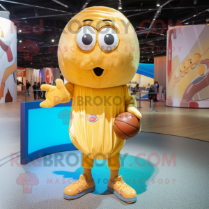 Gold Basketball Ball mascot costume character dressed with a Jeans and Scarves