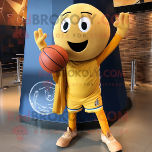 Gold Basketball Ball mascot costume character dressed with a Jeans and Scarves