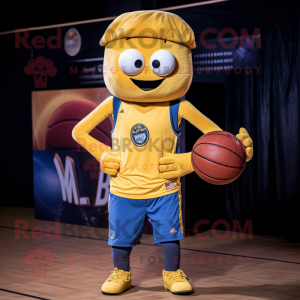 Gold Basketball Ball mascot costume character dressed with a Jeans and Scarves