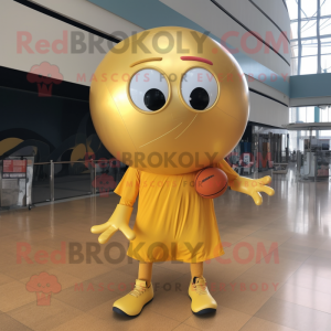 Gold Basketball Ball mascot costume character dressed with a Jeans and Scarves