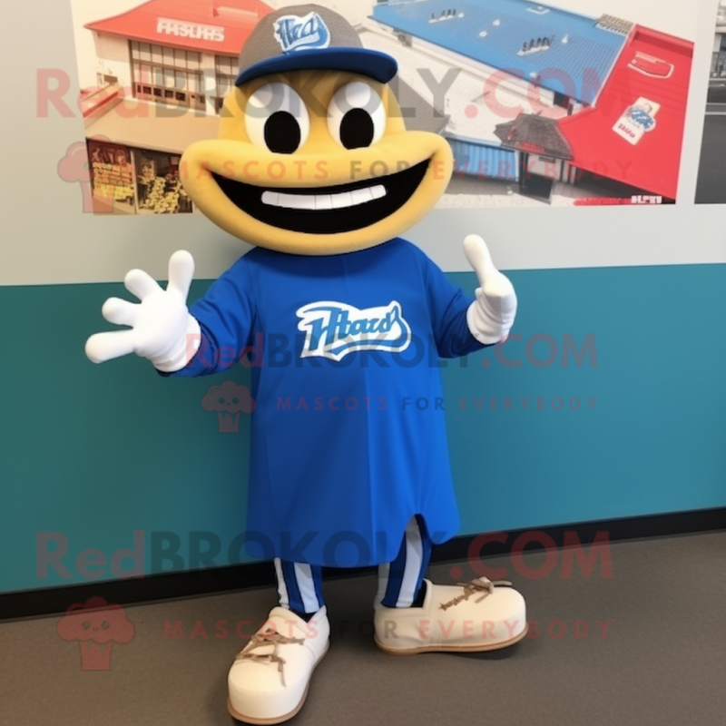 Blue Fajitas mascot costume character dressed with a Baseball Tee and Shoe clips Blue Fajitas mascot costume character dressed with a Baseball Tee and Shoe clips