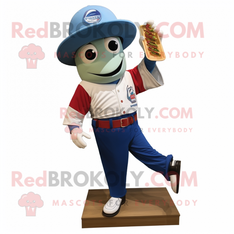 Blue Fajitas mascot costume character dressed with a Baseball Tee and Shoe clips Blue Fajitas mascot costume character dressed with a Baseball Tee and Shoe clips