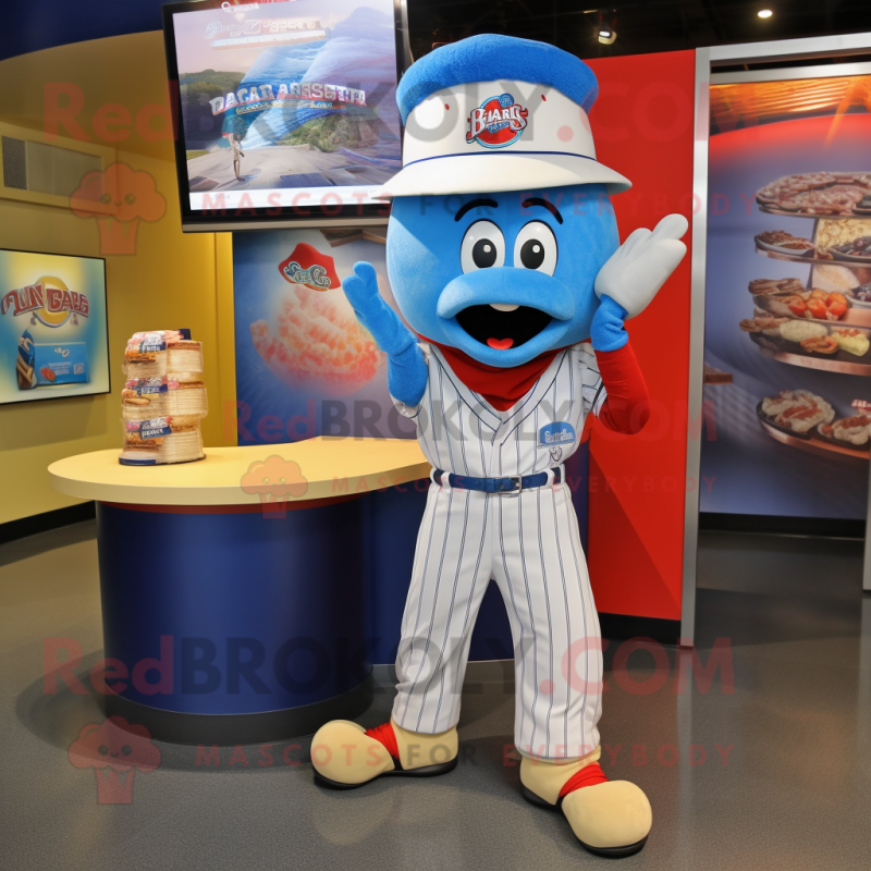 Blue Fajitas mascot costume character dressed with a Baseball Tee and Shoe clips Blue Fajitas mascot costume character dressed with a Baseball Tee and Shoe clips