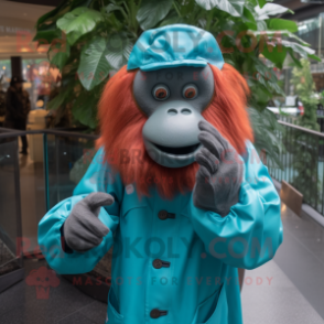 Teal Orangutan mascot costume character dressed with a Raincoat and Gloves