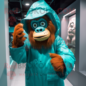 Teal Orangutan mascot costume character dressed with a Raincoat and Gloves