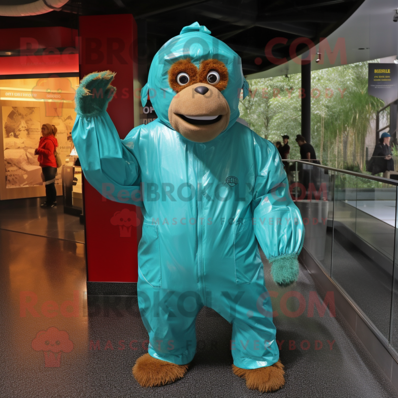 Teal Orangutan mascot costume character dressed with a Raincoat and Gloves