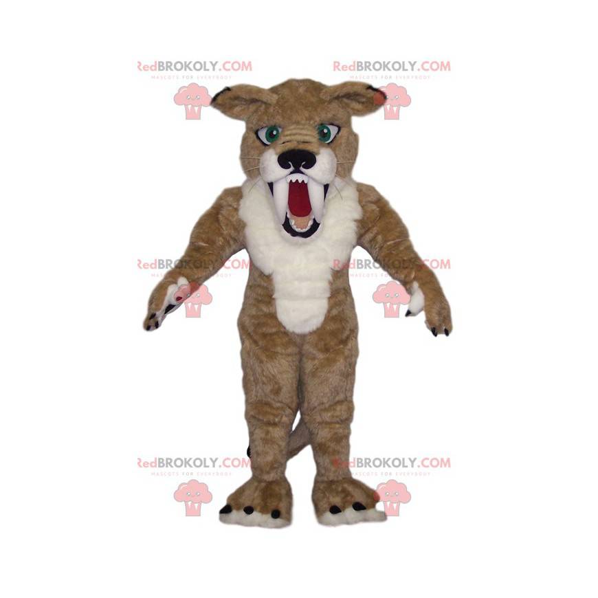 Mascotte de smilodon beige et blanc. Costume de smilodon -