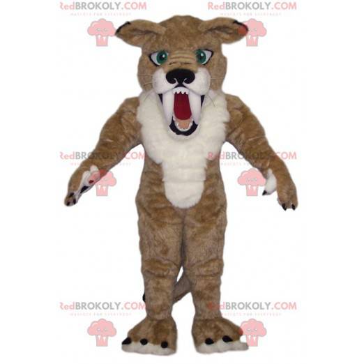 Mascotte de smilodon beige et blanc. Costume de smilodon -