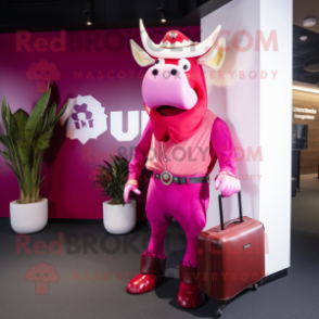 Magenta Zebu mascot costume character dressed with a Bootcut Jeans and Briefcases