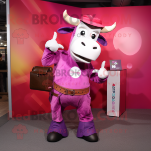 Magenta Zebu mascot costume character dressed with a Bootcut Jeans and Briefcases