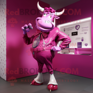 Magenta Zebu mascot costume character dressed with a Bootcut Jeans and Briefcases