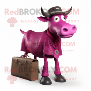 Magenta Zebu mascot costume character dressed with a Bootcut Jeans and Briefcases