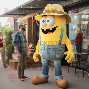Lemon Yellow Goulash mascot costume character dressed with a Boyfriend Jeans and Belts