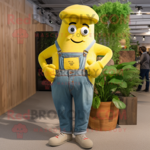 Lemon Yellow Goulash mascot costume character dressed with a Boyfriend Jeans and Belts