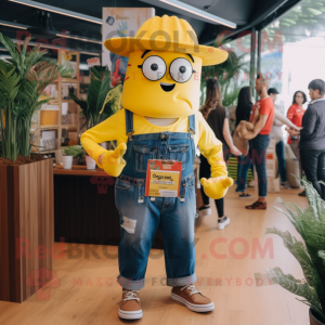 Lemon Yellow Goulash mascot costume character dressed with a Boyfriend Jeans and Belts