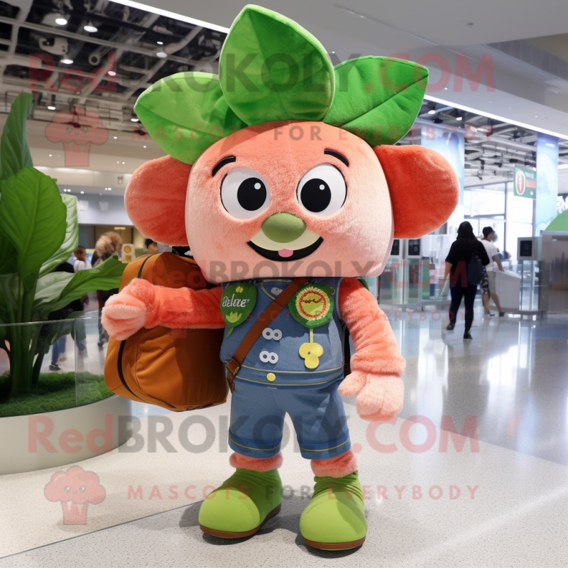 Peach Four Leaf Clover mascot costume character dressed with a Denim Shorts and Backpacks Peach Four Leaf Clover mascot costume character dressed with a Denim Shorts and Backpacks