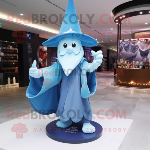 Sky Blue Witch'S Hat mascot costume character dressed with a Polo Shirt and Shawls