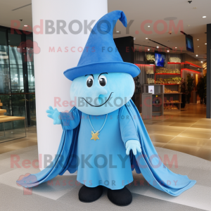 Sky Blue Witch'S Hat mascot costume character dressed with a Polo Shirt and Shawls