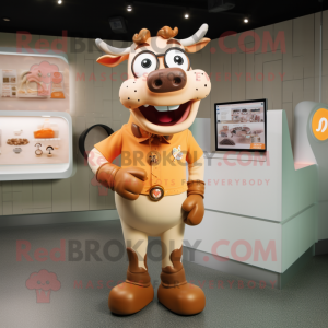 Peach Jersey Cow mascot costume character dressed with a Vest and Rings