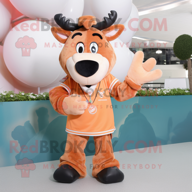 Peach Jersey Cow mascot costume character dressed with a Vest and Rings