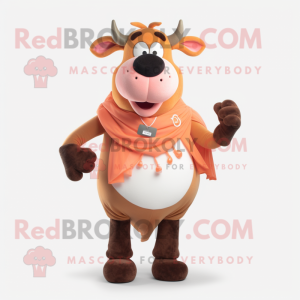 Peach Jersey Cow mascot costume character dressed with a Vest and Rings