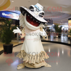 Cream Barracuda mascot costume character dressed with a Maxi Dress and Hats