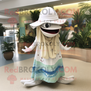 Cream Barracuda mascot costume character dressed with a Maxi Dress and Hats