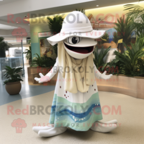 Cream Barracuda mascot costume character dressed with a Maxi Dress and Hats