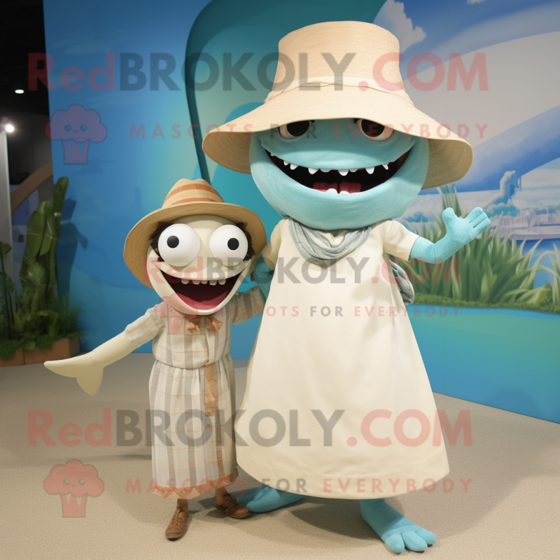 Cream Barracuda mascot costume character dressed with a Maxi Dress and Hats