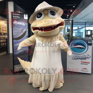 Cream Barracuda mascot costume character dressed with a Maxi Dress and Hats