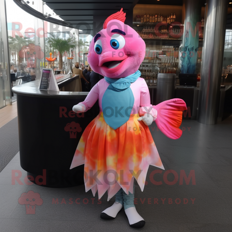 Pink Clown Fish mascot costume character dressed with a Cocktail Dress and Shawls