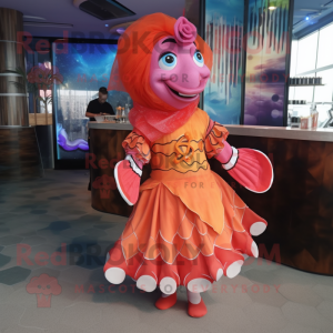 Pink Clown Fish mascot costume character dressed with a Cocktail Dress and Shawls