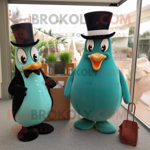 Teal Pear mascot costume character dressed with a Tuxedo and Clutch bags
