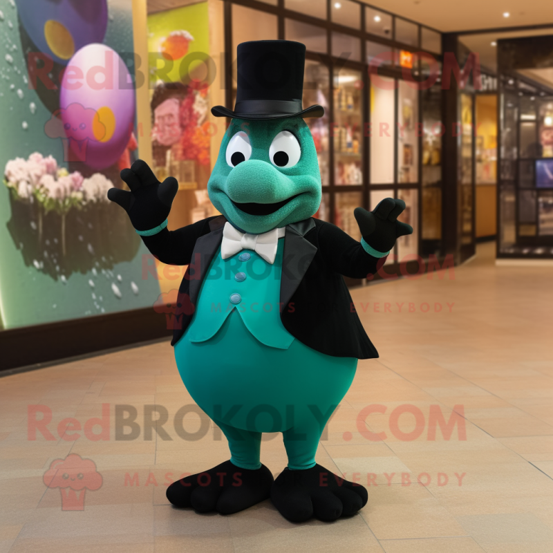 Teal Pear mascot costume character dressed with a Tuxedo and Clutch bags