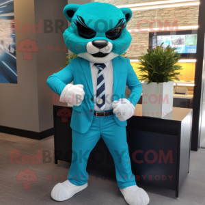 Turquoise Puma mascot costume character dressed with a Suit and Bracelet watches