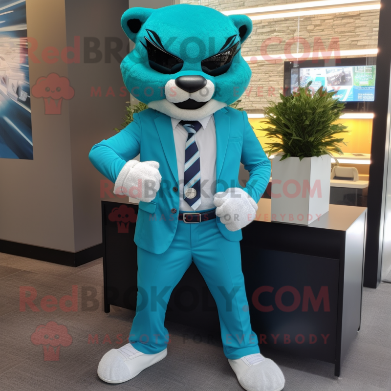 Turquoise Puma mascot costume character dressed with a Suit and Bracelet watches Turquoise Puma mascot costume character dressed with a Suit and Bracelet watches