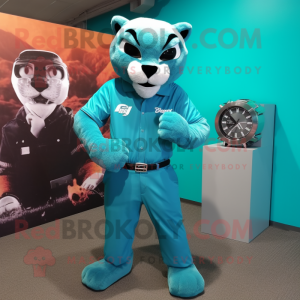 Turquoise Puma mascot costume character dressed with a Suit and Bracelet watches