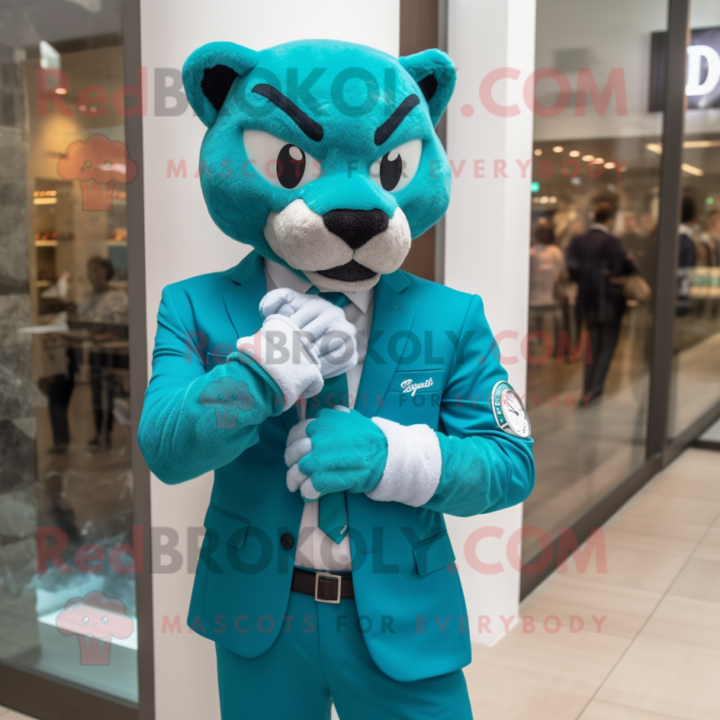 Turquoise Puma mascot costume character dressed with a Suit and Bracelet watches