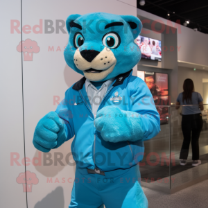 Turquoise Puma mascot costume character dressed with a Suit and Bracelet watches