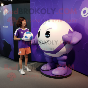 Lavender Soccer Ball mascot costume character dressed with a Graphic Tee and Smartwatches