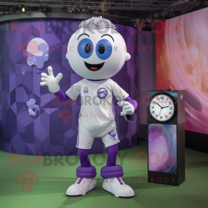 Lavender Soccer Ball mascot costume character dressed with a Graphic Tee and Smartwatches