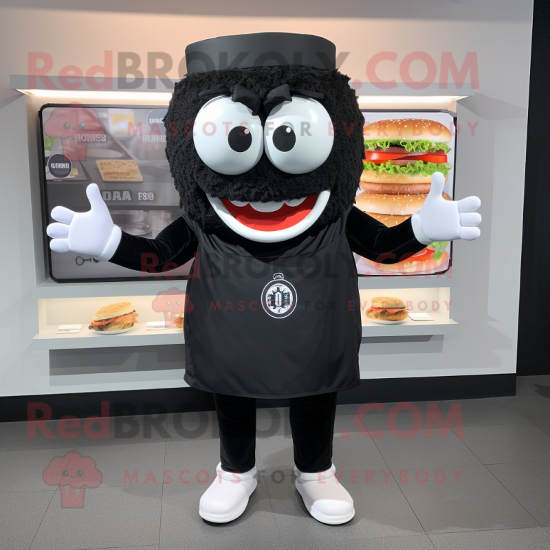 Black Burgers mascot costume character dressed with a Sweatshirt and Bracelet watches