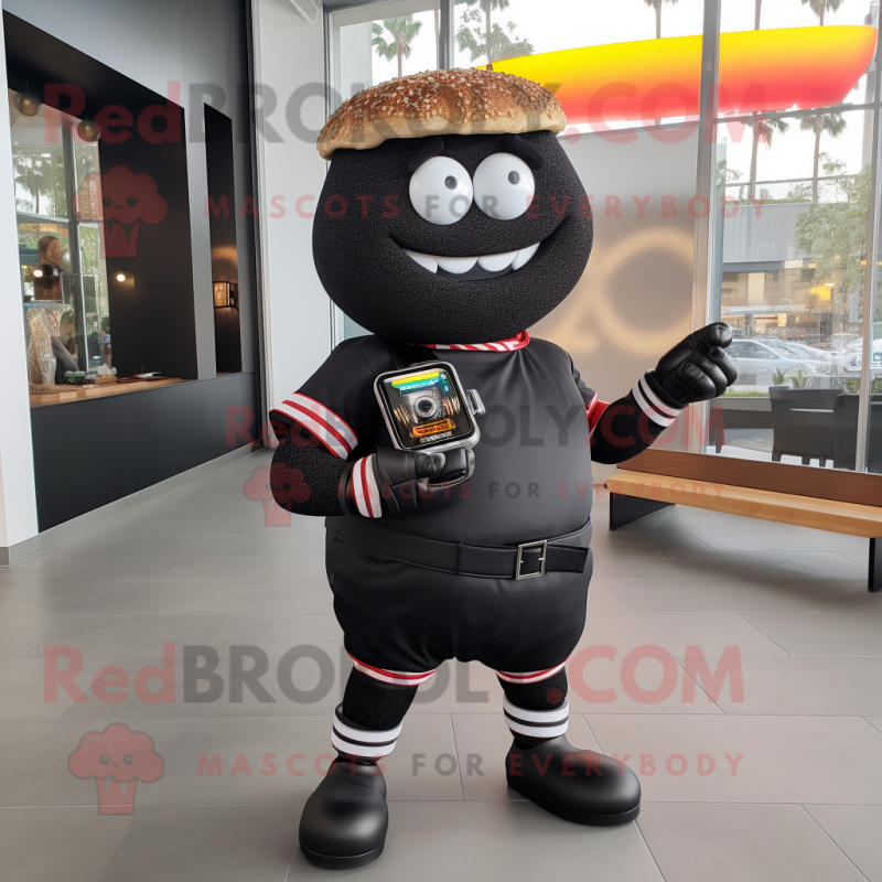 Black Burgers mascot costume character dressed with a Sweatshirt and Bracelet watches