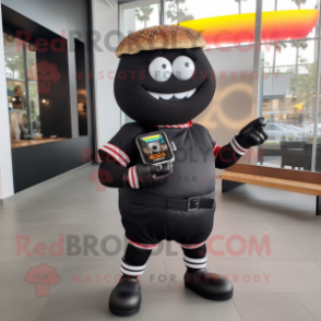 Black Burgers mascot costume character dressed with a Sweatshirt and Bracelet watches