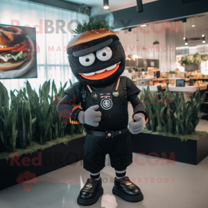 Black Burgers mascot costume character dressed with a Sweatshirt and Bracelet watches