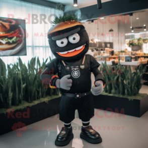 Black Burgers mascot costume character dressed with a Sweatshirt and Bracelet watches