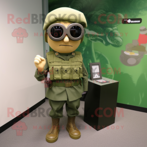 Olive Para Commando mascot costume character dressed with a Pencil Skirt and Eyeglasses
